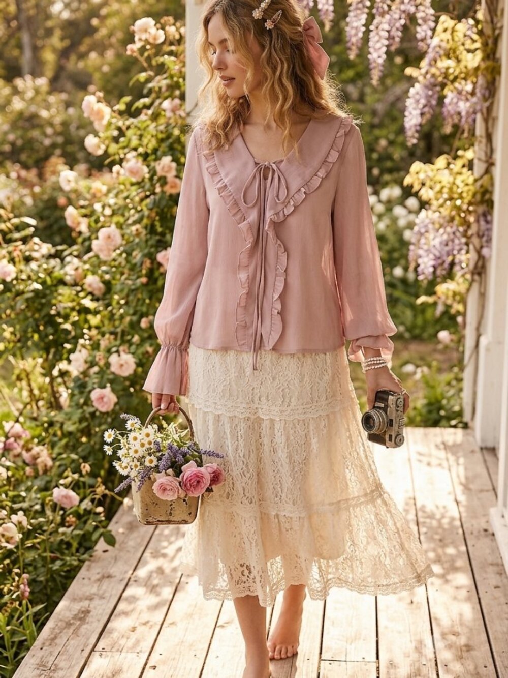 DAZY Pink Sheer Ruffle Bow Blouse Coquette Dainty Poet Top S